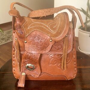 Tooled Leather Western Style Saddle Bag